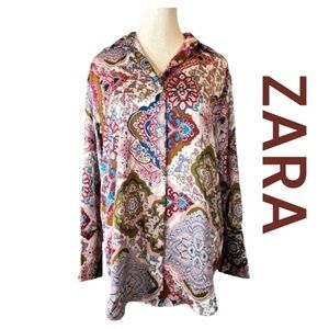 ZARA Multi-Color Print Blouse, Oversized, Button Front & Sleeves, Size XS.